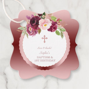Rose Gold Burgundy Floral 1st Birthday & Baptism Favour Tags