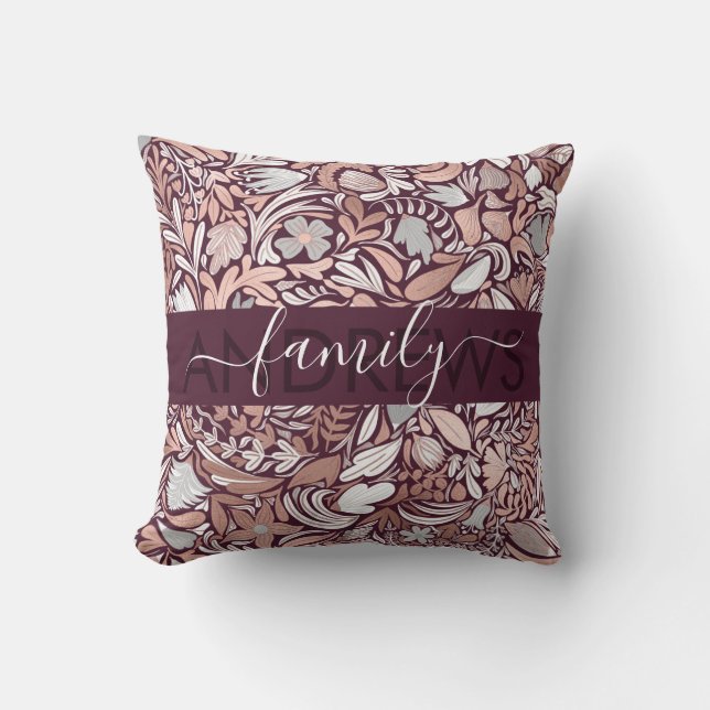 Rose Gold Burgundy Floral Illustration Family Cushion (Front)