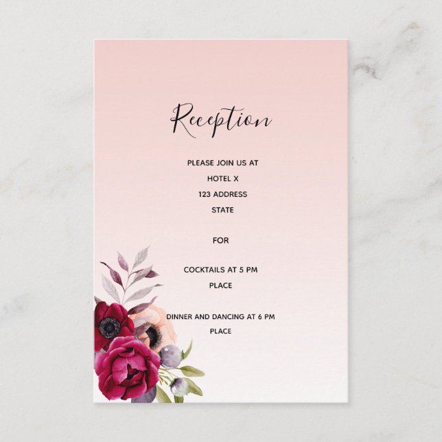Rose gold burgundy floral wedding reception detail enclosure card (Front)