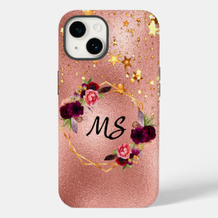 Rose gold burgundy florals gold stars monogram Case-Mate iPhone 14 case
