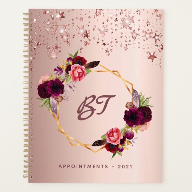 Rose gold burgundy florals monogram stars 2026 planner (Front)