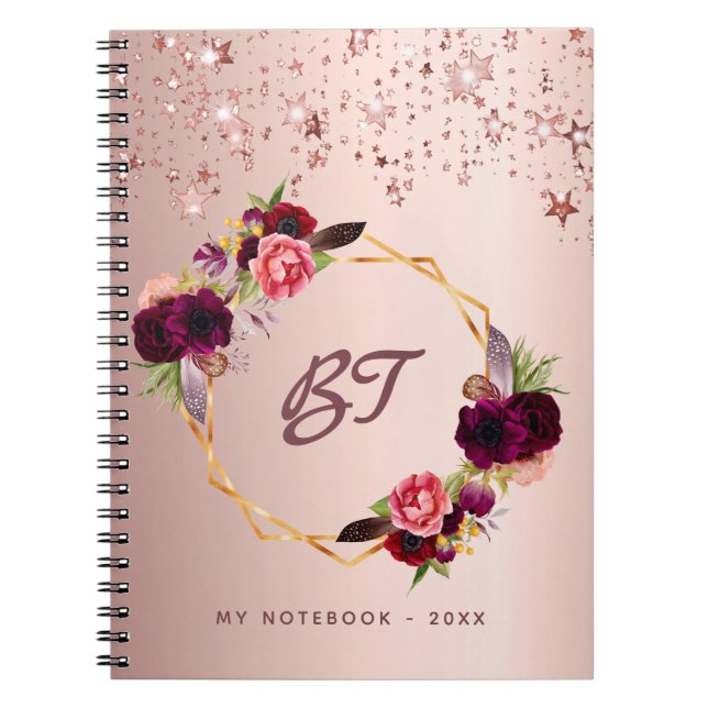 Rose gold burgundy florals monogram stars notebook (Front)