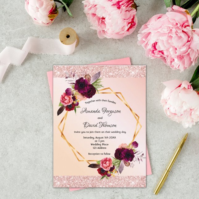 Rose gold burgundy florals wedding invitation postcard (Creator Uploaded)