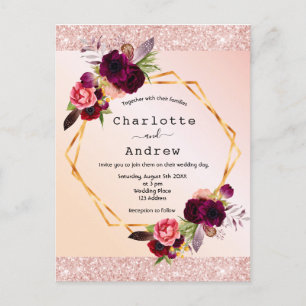 Rose gold burgundy florals wedding invitation postcard