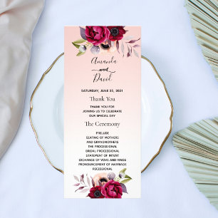 Rose gold burgundy florals wedding program rack card