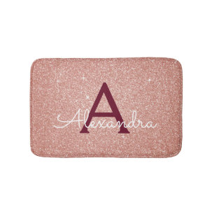 Rose Gold Burgundy Foil Glitter Sparkle Monogram Bath Mat