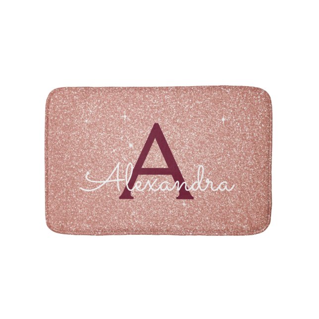 Rose Gold Burgundy Foil Glitter Sparkle Monogram Bath Mat (Front)