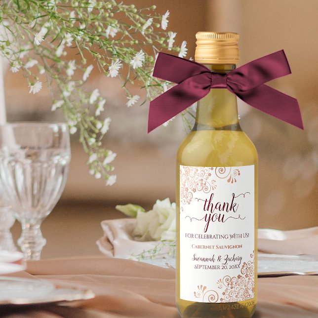 Rose Gold & Burgundy Frilly Wedding Thank You Mini Wine Label (Creator Uploaded)