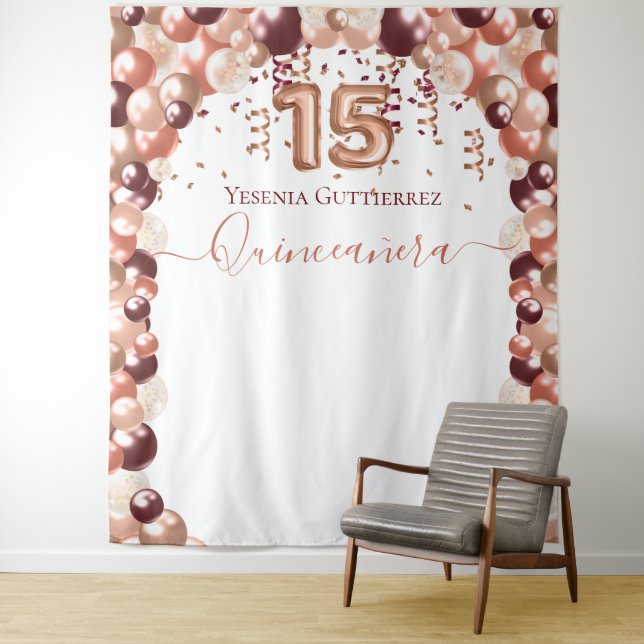 Rose Gold Burgundy Glam Quinceanera Balloon Tapestry (In Situ)