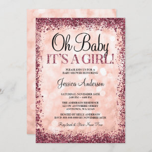 Rose Gold Burgundy Glitter Lights Girl Baby Shower Invitation