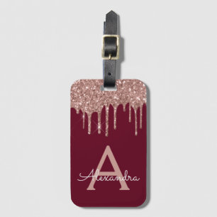 Rose Gold Burgundy Glitter Sparkle Monogram Luggage Tag