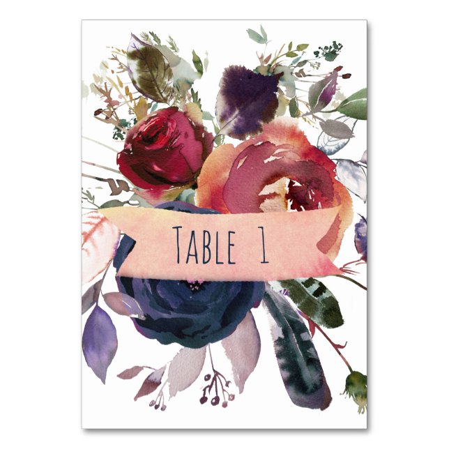 Rose Gold Burgundy Navy Floral Wedding Table Number (Front)