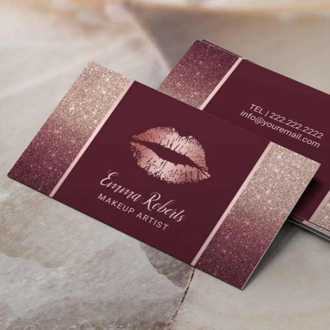 Rose Gold Burgundy Ombre Chic Lips Makeup Artist Business Card (Creator Uploaded)
