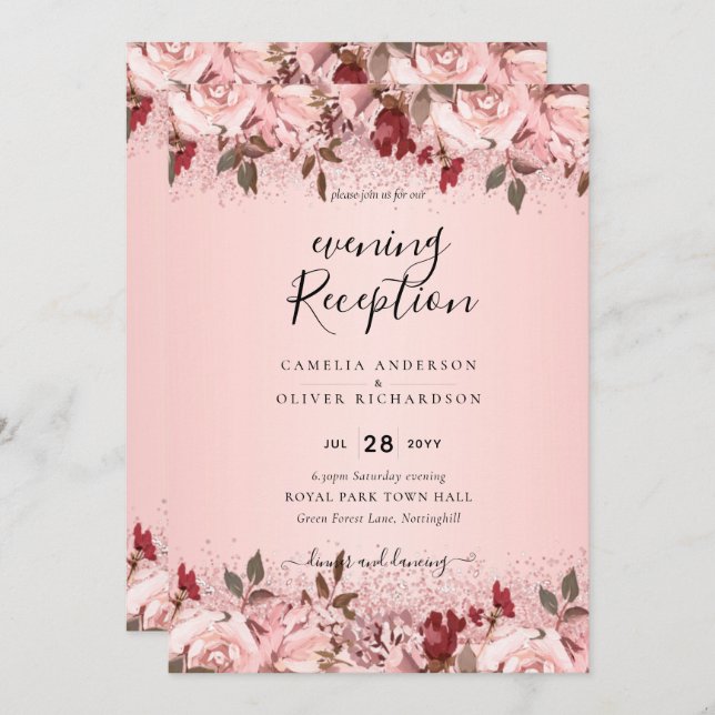 Rose Gold Burgundy Pink Floral Wedding Invites (Front/Back)
