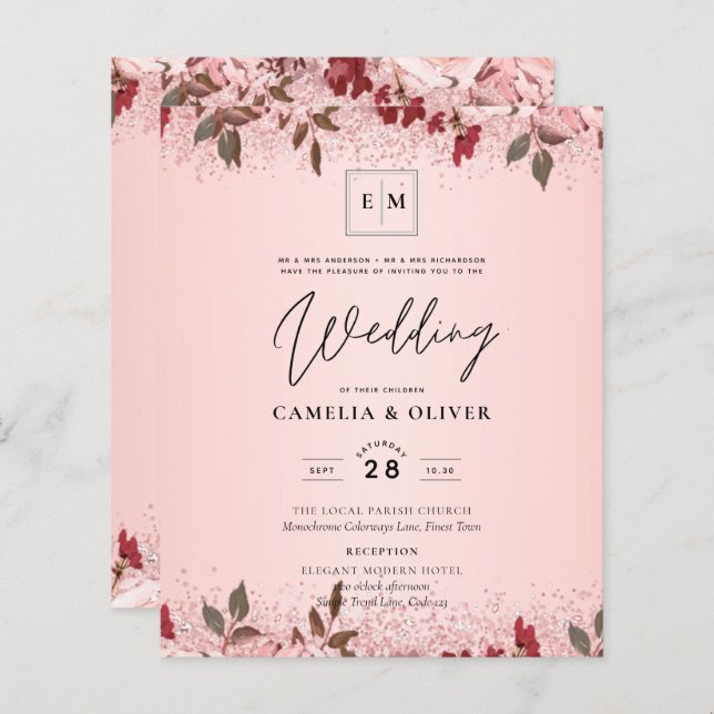 Rose Gold Burgundy Pink Floral Wedding Invites (Front/Back)