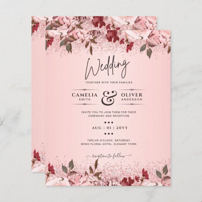 Rose Gold Burgundy Pink Floral Wedding Invites (Front/Back)