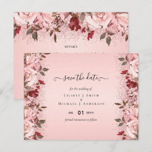 Rose Gold Burgundy Pink Floral Wedding Postcard