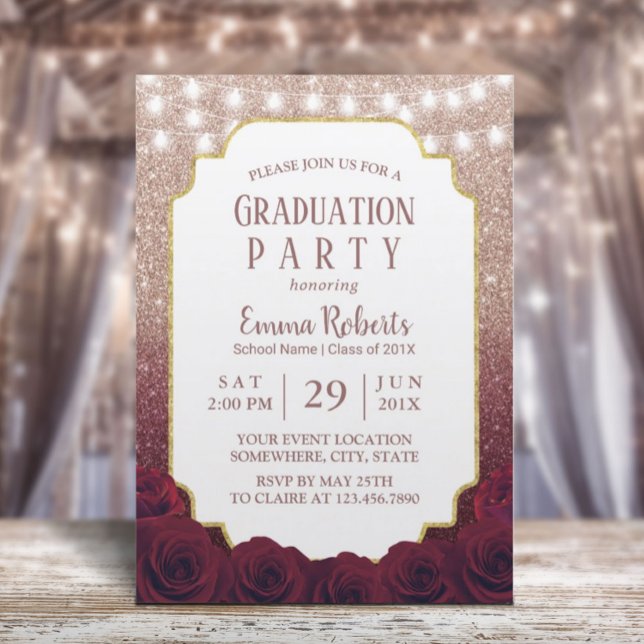 Rose Gold & Burgundy Red Glitter Ombre Graduation Invitation (Creator Uploaded)