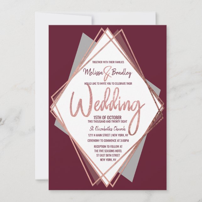 Rose Gold Burgundy Red Grey Geometric Wedding Invitation (Front)