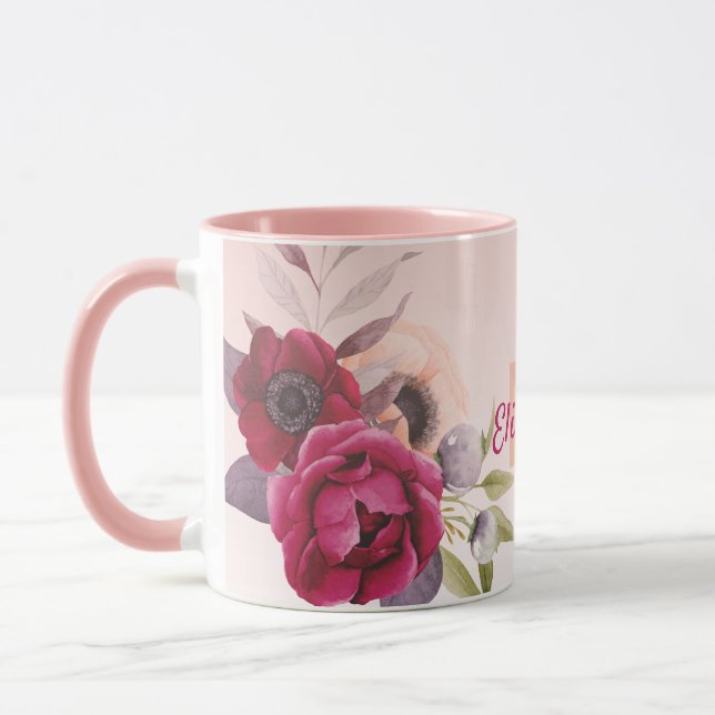 Rose gold burgundy romantic flowers monogram mug (Left)