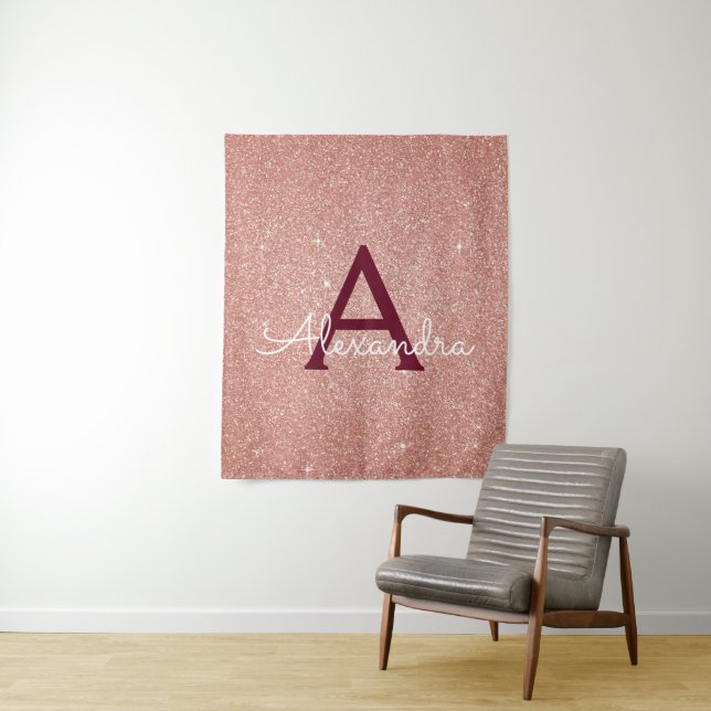 Rose Gold Burgundy Sparkle Glitter Monogram Tapestry (In Situ)