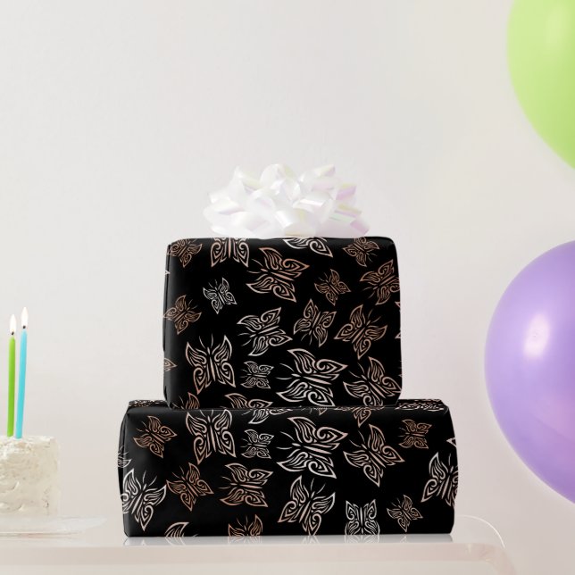 Rose Gold Butterflies Black Background Wrapping Paper (Party Gifts)