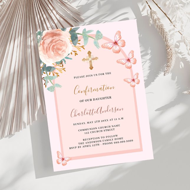 Rose gold butterflies floral arch Confirmation Invitation (Creator Uploaded)
