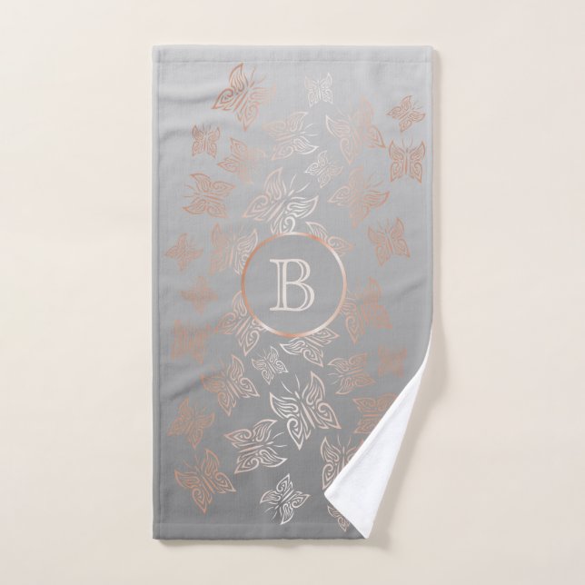 Rose Gold Butterflies Grey Pattern Monogram  Hand Towel (Hand Towel)