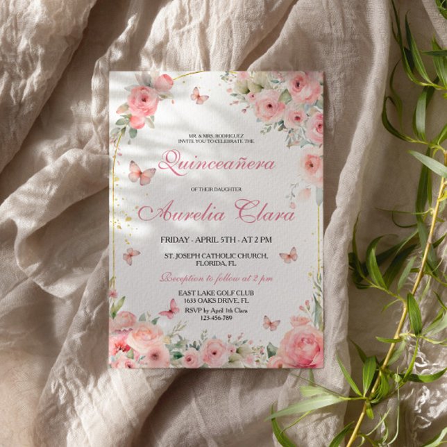 Rose Gold Butterflies Quinceañera Invitation (Creator Uploaded)