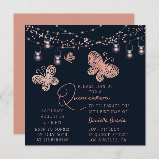 Rose Gold Butterfly Chic Modern Quinceañera Invitation (Front/Back)