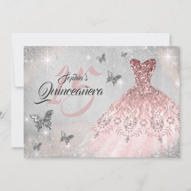 Rose Gold Butterfly Sparkle Dress Quinceanera Invitation (Front)
