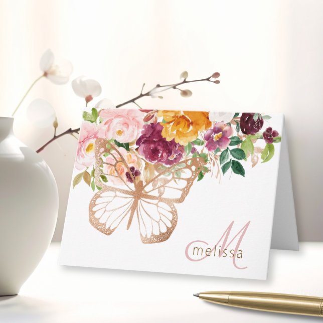 Rose Gold Butterfly & Watercolor Floral Bouquet Note Card (Creator Uploaded)
