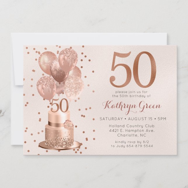 Rose Gold Cake 50th Birthday Invitation (Front)