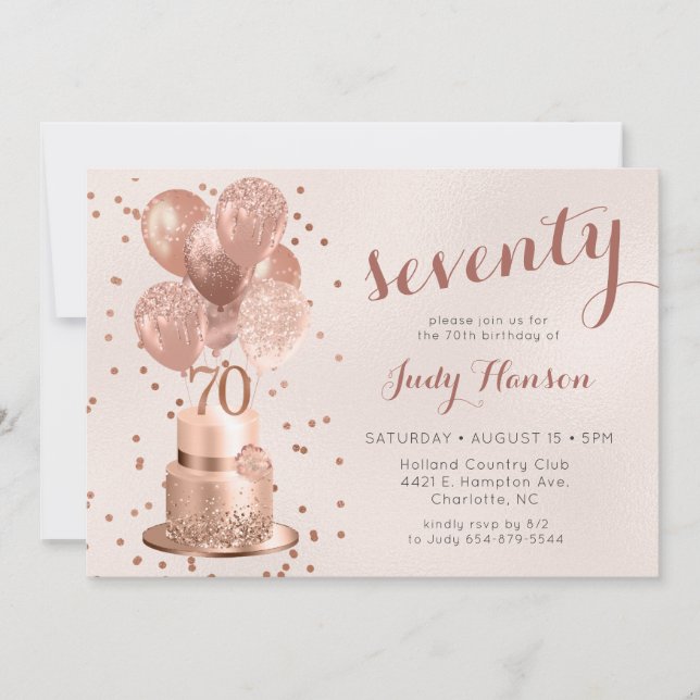 Rose Gold Cake 70th Birthday Invitation (Front)