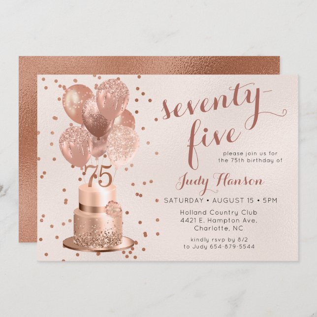 Rose Gold Cake 75th Birthday Invitation (Front/Back)