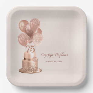 Rose Gold Cake 75th Birthday Paper Plate