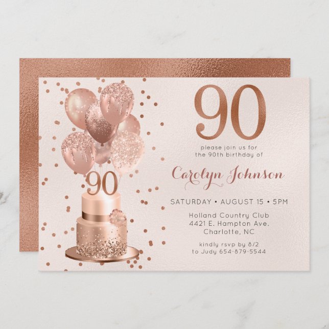 Rose Gold Cake 90th Birthday Invitation (Front/Back)