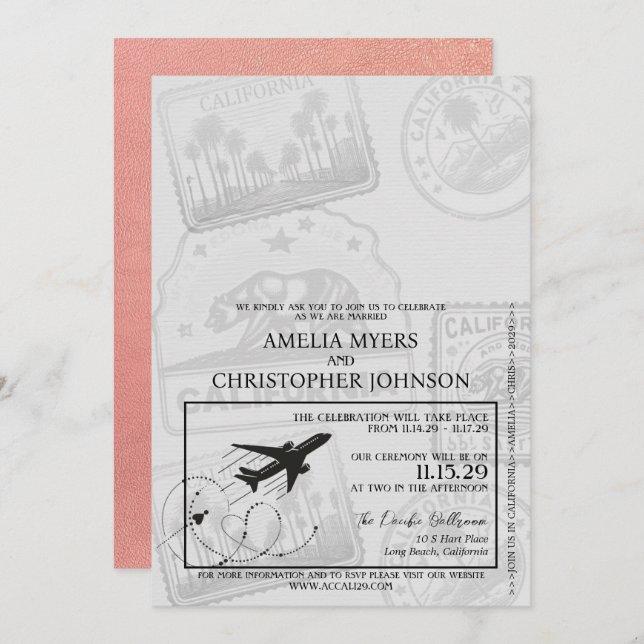 Rose Gold California Passport Wedding Invitation (Front/Back)