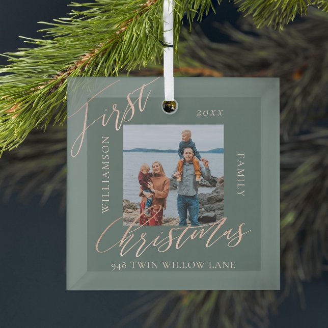 Rose Gold Calligraph Christmas New Home Photo Glass Tree Decoration (Rose Gold Calligraph Christmas New Home Photo Glass Ornament)