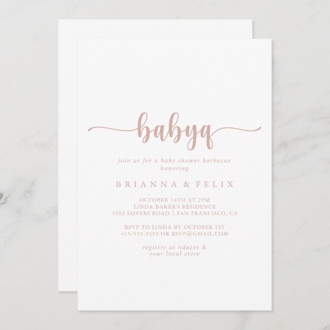 Rose Gold Calligraphy BabyQ Baby Shower Barbecue  Invitation (Front/Back)