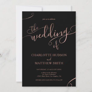 Rose Gold Calligraphy   Black Wedding Invitation 