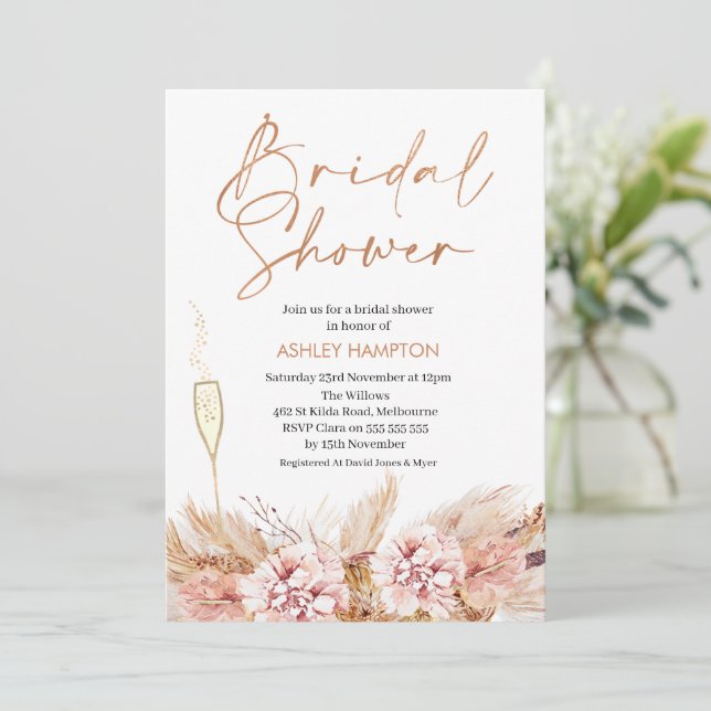 Rose Gold Calligraphy Boho Pampas Bridal Shower  I Invitation (Standing Front)