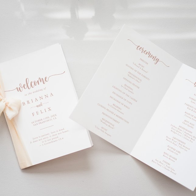 Rose Gold Calligraphy Folded Wedding Program Programme (Creator Uploaded)
