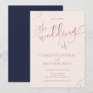 Rose Gold Calligraphy Navy Wedding Invitation