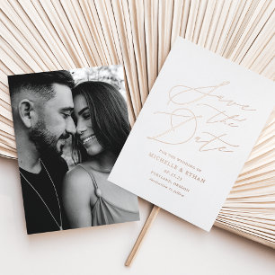 Rose Gold Calligraphy Photo Save the Date