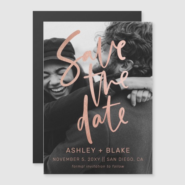 Rose Gold Calligraphy Photo Save the Date Magnetic Invitation (Front/Back)
