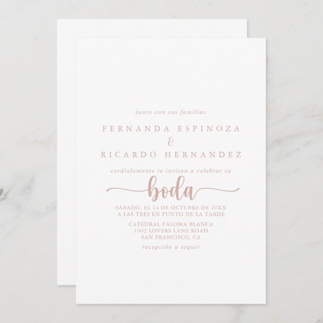 Rose Gold Calligraphy Spanish Wedding   Invitation (Front/Back)
