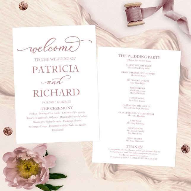 Rose Gold Calligraphy Wedding Ceremony Program Programme (Creator Uploaded)