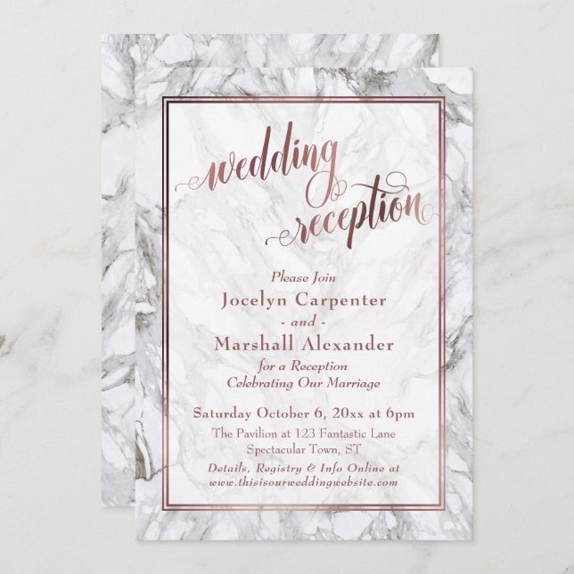 Rose Gold Calligraphy Wedding Reception Marble Invitation (Front/Back)