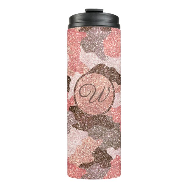 Rose Gold Camo Faux Glitter Camouflage Monogrammed Thermal Tumbler (Front)